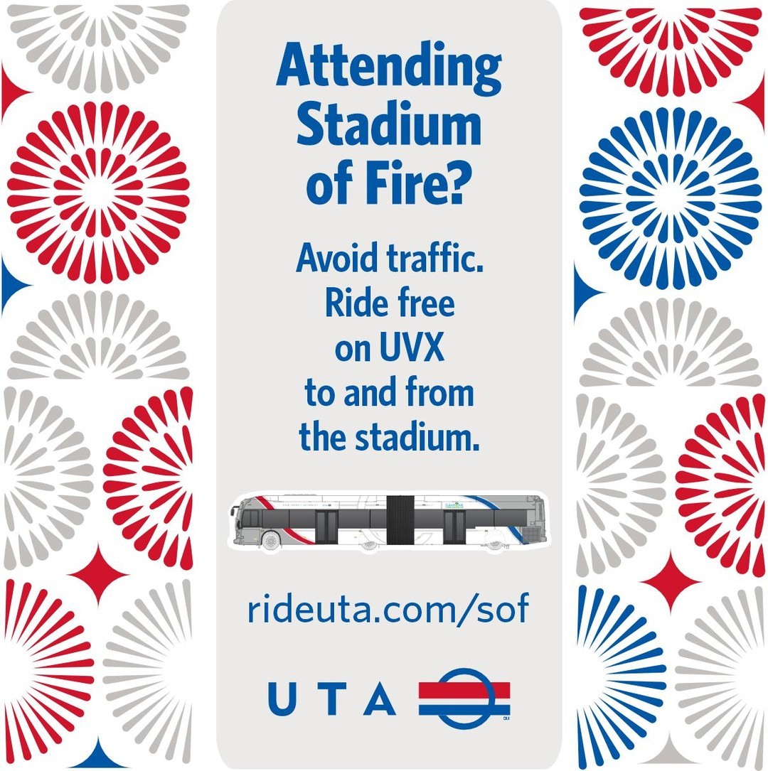 RideUTA's tweet image. If you're heading to the Stadium of Fire on the 4th — #TakeTransit! 

We'll be providing enhanced service to accommodate the increased riders to/from @BYU's Stadium. From FrontRunner Orem or Provo Central Station, take UVX for free to BYU Stadium Station. 
rideuta.com/sof