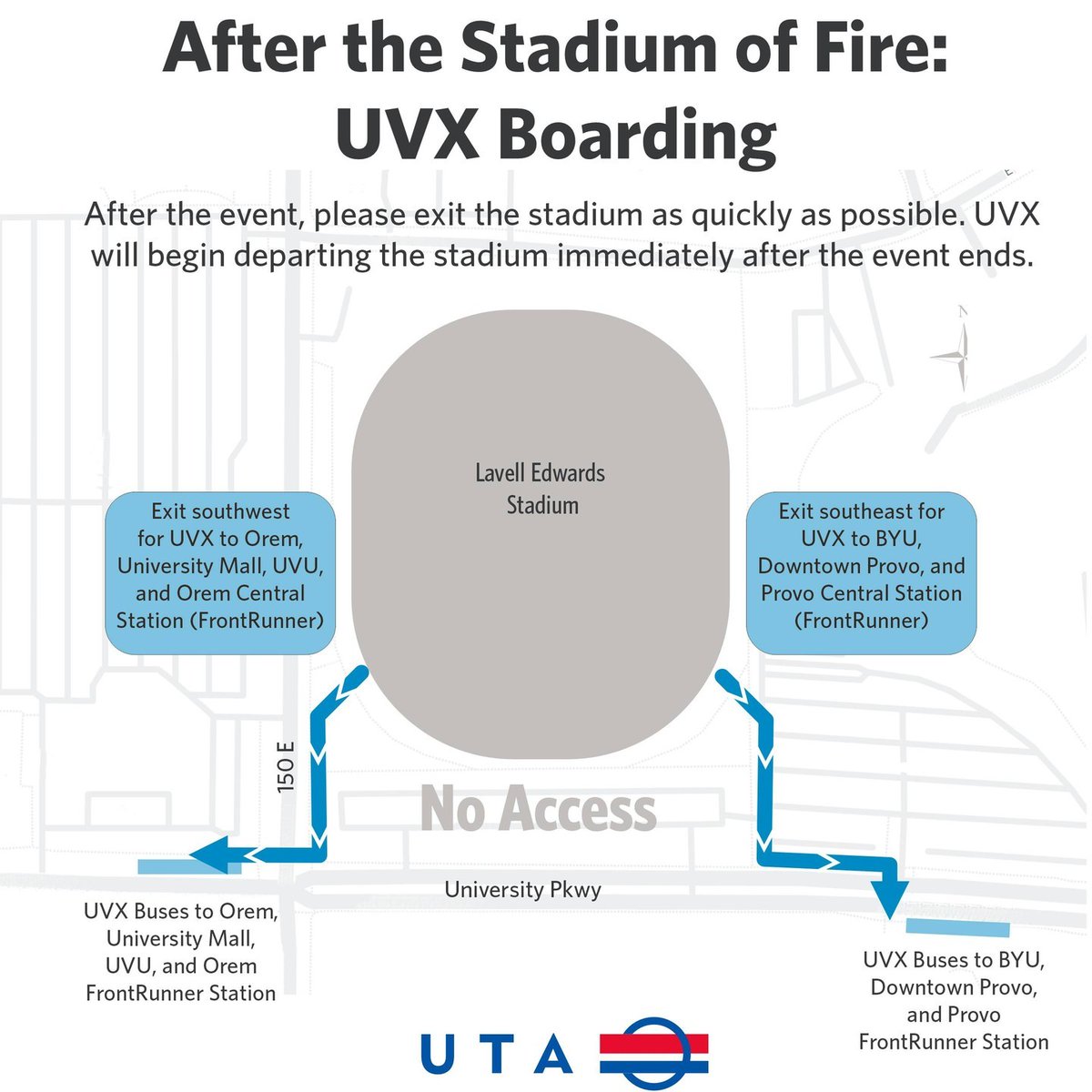 If you're heading to the Stadium of Fire on the 4th — #TakeTransit! 

We'll be providing enhanced service to accommodate the increased riders to/from <a href="/BYU/">BYU</a>'s Stadium. From FrontRunner Orem or Provo Central Station, take UVX for free to BYU Stadium Station. 
rideuta.com/sof