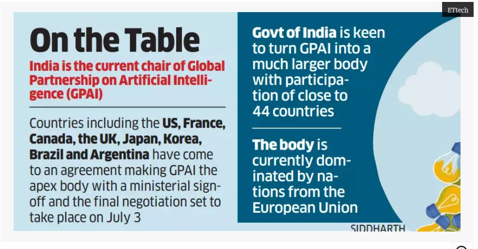 SurabhiA_ET's tweet photo. My break in today's ET: 

India has found success in winning over major countries to make Global Partnership on Artificial Intelligence (GPAI) the apex body for all matters AI; tough negotiations going on, final announcement likely today evening! 

https://t.co/uygxTKbEu0 https://t.co/f5z6OPG0o3