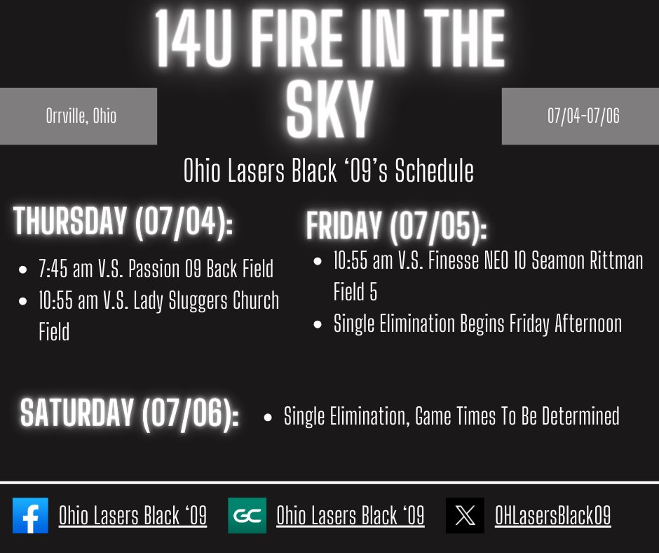 This Thursday, the Lasers Black '09 are headed to Orrville for the 14U Fire in the Sky tournament. Check our page for game updates and final scores.