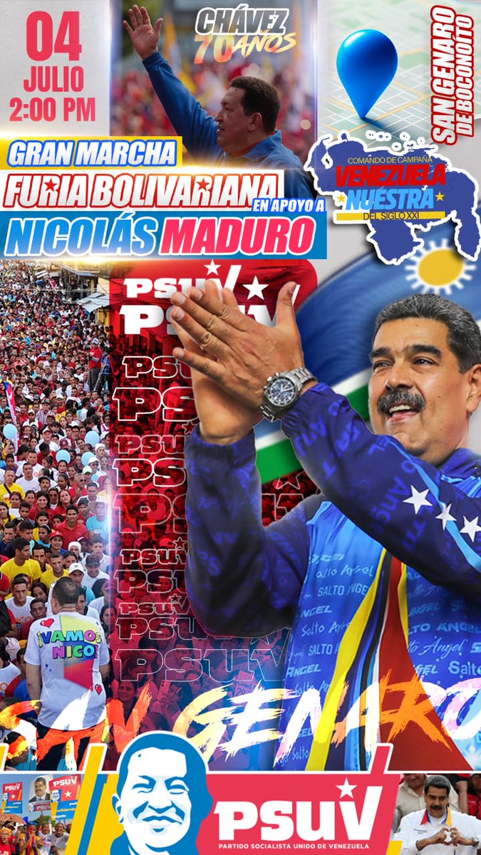 Este  jueves 0️⃣4️⃣ de Julio en #Portuguesa la Furia Bolivariana 🚩 sigue marchando contra las sanciones, el bloqueo y en apoyo absoluto a nuestro líder el Presidente <a href="/NicolasMaduro/">Nicolás Maduro</a>, nos vemos📍 en el Municipio #SanGenaroDeBoconoíto .

#OrgullosoDeSerVenezolano
<a href="/PartidoPSUV/">PSUV</a>