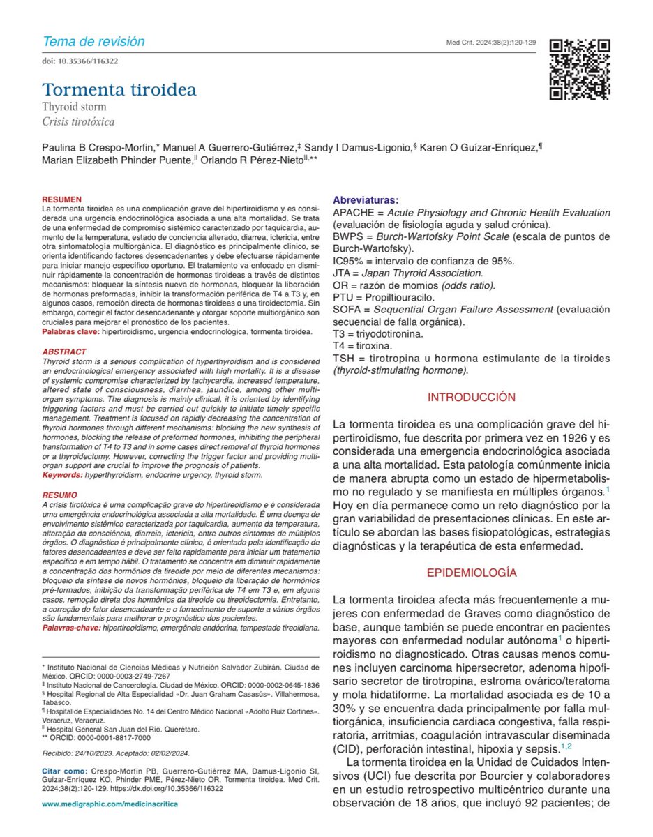 OrlandoRPN's tweet photo. Todo lo que necesitas saber sobre

Tormenta Tiroidea  ⛈️ ⚡️ 🧠 🫀

-Fisiopatología
-Etiología
-Abordaje y Escalas diagnósticas 📝
-Manejo específico y soporte

Descarga gratis: https://t.co/P7YbfBbmVJ

Nuestro último artículo recién publicado realizado por endocrinólogas, internistas e intensivistas (y un anestesiólogo por las consideraciones perioperatorias de la tiroidectomía).

@sandydamus @Mermaid_MD @Vader_CC