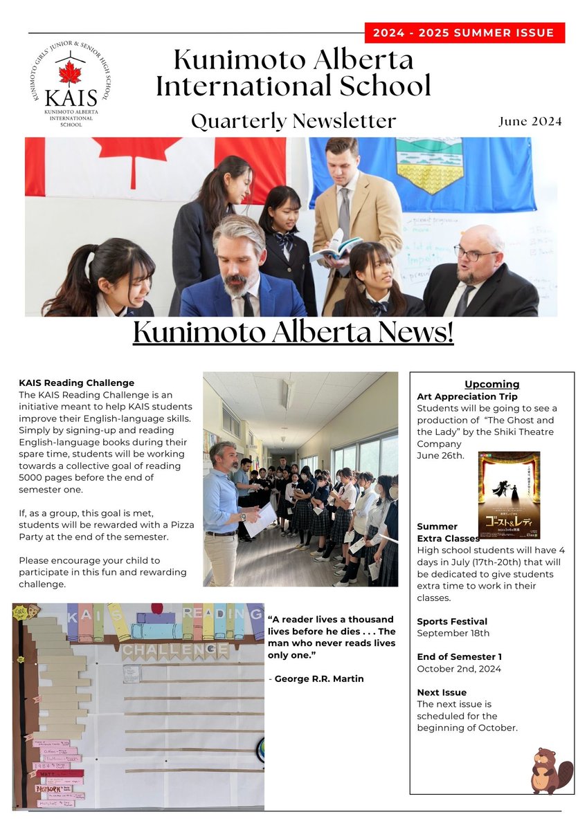 KAIS_Kunimoto's tweet photo. Check out our quarterly newsletter and see what we've been up to this past half semester at KAIS! #KAIS #Kunimoto #newsletter #semesterone #midsemester #readingchallenge #kaishours #kaisevents #fieldtrips #kaisclasses #experiments #projects #activities #doublediploma #Canadaday https://t.co/WRKix9YmkZ
