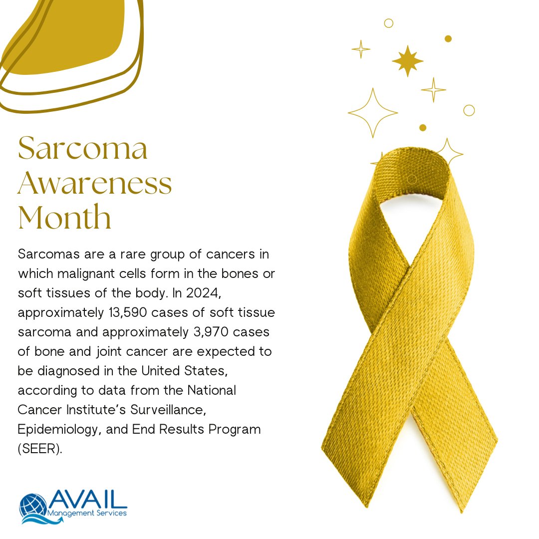 AvailManagement's tweet image. Sarcoma Awareness Month honors those affected by sarcoma, advocate for their needs, and raises awareness about the challenges they face. Sarcomas are rare cancers that develop in soft tissues or bones, the month also highlights the need for better therapies and more research.
