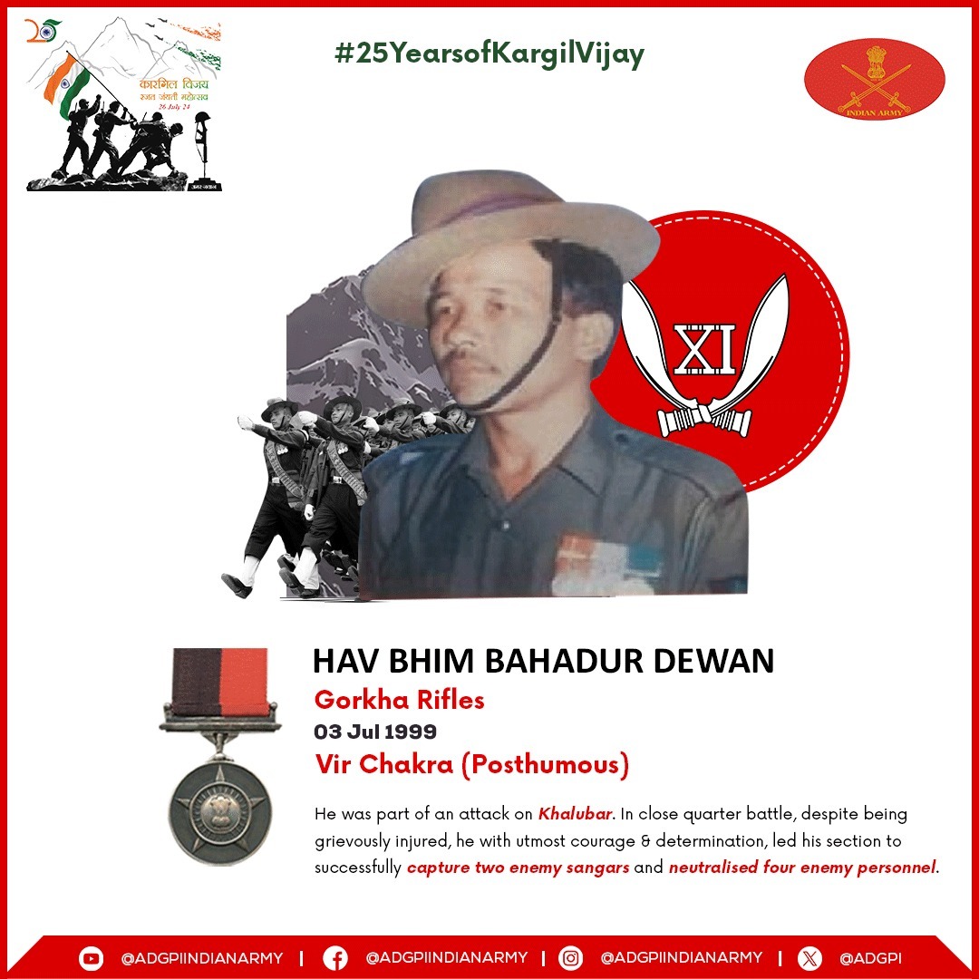 #25YearsofKargilVijay
#KVDRajatJayanti 

Hav Bhim Bahadur Dewan
11 Gorkha Rifles

During #Kargil War, Hav Bhim Bahadur was part of an attack on #Khalubar. In close quarter battle, despite being grievously injured, he neutralised four enemy personnel in hand-to-hand combat and