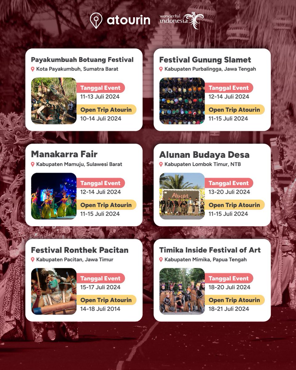 atourin's tweet photo. Udah tau kan kalo awal bulan waktunya apa? 

WAKTUNYA CEK JADWAL OPEN TRIP🥳
Yuk, bulan Juli ini ada lebih dari 20 Karisma Event Nusantara bareng @pesonaindonesia @Kemenparekraf 

Lebih lengkapnya bisa kamu cek ya cuma di https://t.co/2pKKZeIgYo 

#EventIndonesia #KEN2024 https://t.co/HQDVJUbsa4