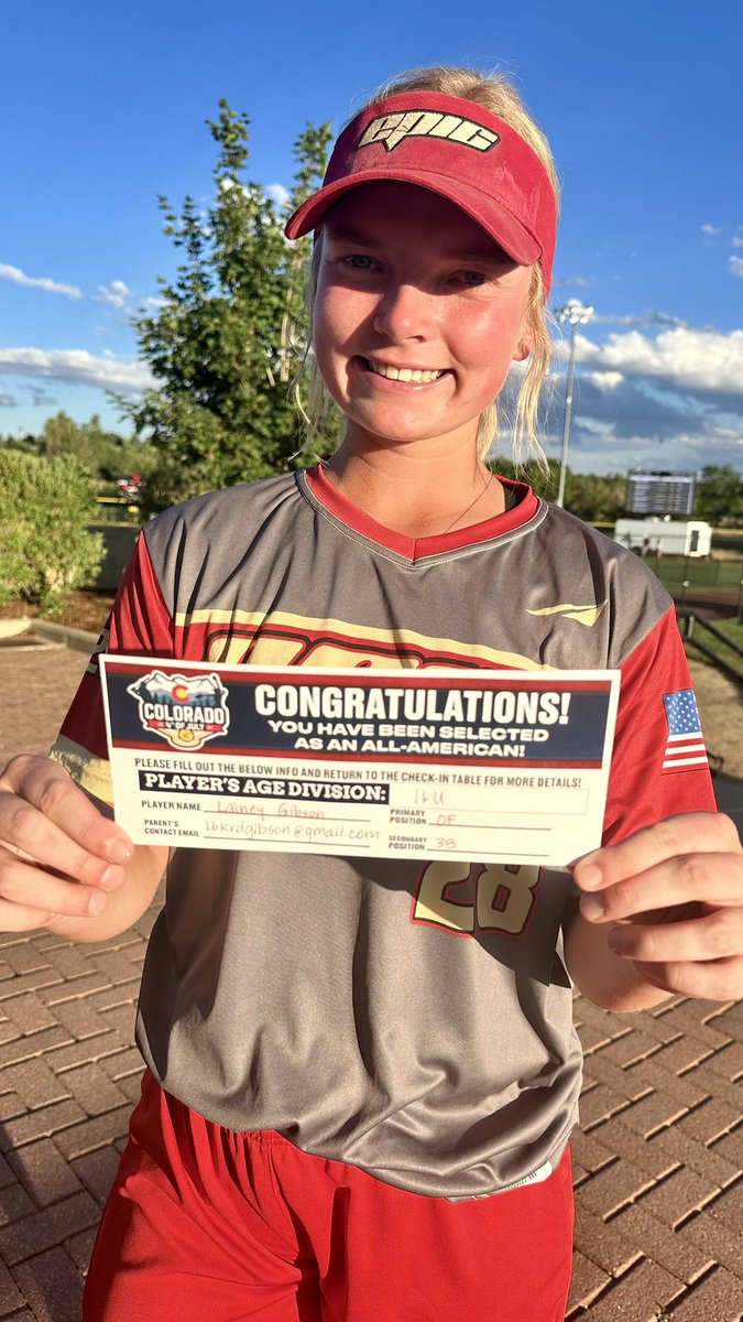 Epic National 18U (Burnett /Smith) (@2026epic) on Twitter photo ⭐️ ‘27 Lainey Gibson in TCS 🧨showcase game: 3-4 BA 750
Lainey selected for All-American All-Star Game TBA‼️ 🎟️👀 <a href="/COSparkFire/">CO 4th of July</a>
<a href="/Softball_Home/">Softball Home🥎</a> <a href="/SoftballDown/">Down South Softball</a> <a href="/DirectRecruits/">Direct Recruits</a> @DRecruits1 <a href="/CoastRecruits/">Coast 2 Coast Recruits</a> <a href="/CoastRecruitsSB/">Coast Recruits 🥎</a> <a href="/triplecrownspts/">Triple Crown Sports</a> <a href="/Sports_Recruits/">SportsRecruits</a>
sportsrecruits.com/athlete/lainey… ⭐️ ‘27 Lainey Gibson in TCS 🧨showcase game: 3-4 BA 750
Lainey selected for All-American All-Star Game TBA‼️ 🎟️👀 <a href="/COSparkFire/">CO 4th of July</a>
<a href="/Softball_Home/">Softball Home🥎</a> <a href="/SoftballDown/">Down South Softball</a> <a href="/DirectRecruits/">Direct Recruits</a> @DRecruits1 <a href="/CoastRecruits/">Coast 2 Coast Recruits</a> <a href="/CoastRecruitsSB/">Coast Recruits 🥎</a> <a href="/triplecrownspts/">Triple Crown Sports</a> <a href="/Sports_Recruits/">SportsRecruits</a>
sportsrecruits.com/athlete/lainey…
