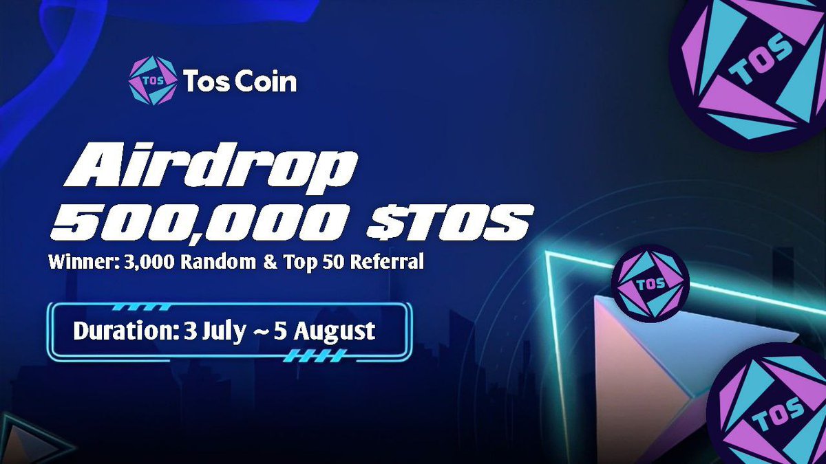 TosCoin #Airdrop

🏆 Reward: 130 $TOS each for 3,000 Random Winner

👨‍👨‍👧‍👧 Referral: 2,200 $TOS each for Top 50 Referral

🔗 Airdrop Link: t.me/TosCoinAirdrop…

⌛️ End Date: 5 August, 2024
🏦 Distribution: 10 August, 2024

#Airdrops #Bitcoin #TON #TosCoin #Giveaway #Crypto