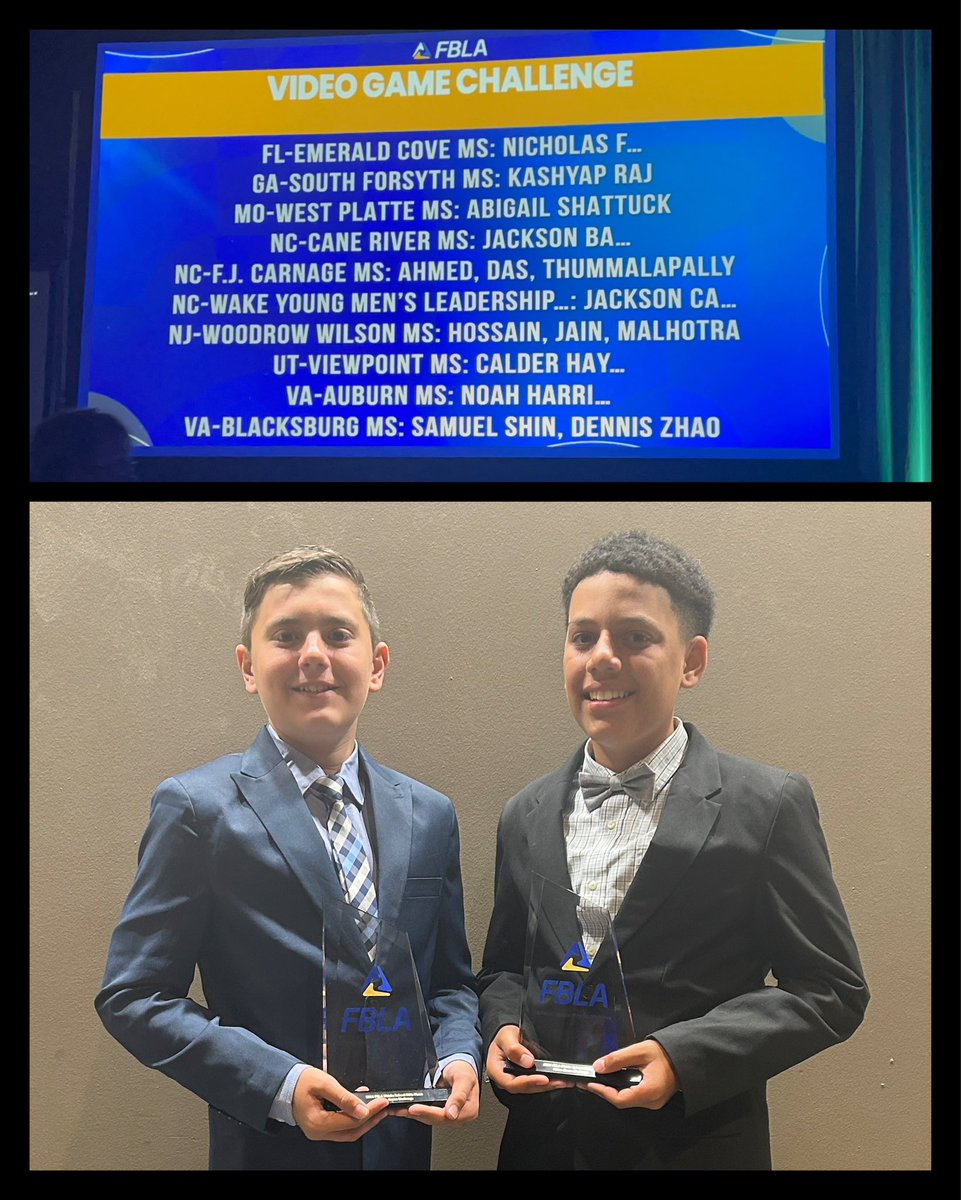 Shuhaiber5's tweet image. Huge congratulations to @EmeraIdCoveMS PreIT Ss Zachary &amp;amp; Nicholas.  5th Place #FBLANLC winners!🏆We are so proud of you both! #VideoGameDesign @ECMS_Dr_Feaman @SDPBCChoiceCTE @pbcsd