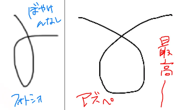 アズペの標準装備されてたペンがすげー好きだったんだけどフォトショだと硬さみたいなのMAXにしてもぼかしが強くて にじみを極限まで減らしたかttったいブラシってどうやったら作れるのかわからなくてずっと鉛筆ツール使ってる…2値ペンじゃないけどほぼ滲んでないペンブラシが欲しい 