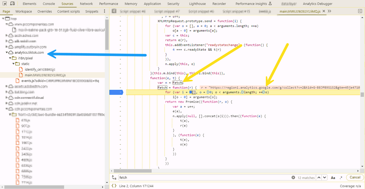 thyng's tweet photo. I'm trying to understand why TikTok Pixel intercepts all `fetch` requests on a site, even those not meant for TikTok. It seems they just doing a reqs count log https://t.co/J7fJXfNXUq() ... 

🧐 https://t.co/ADOjjtiRKV