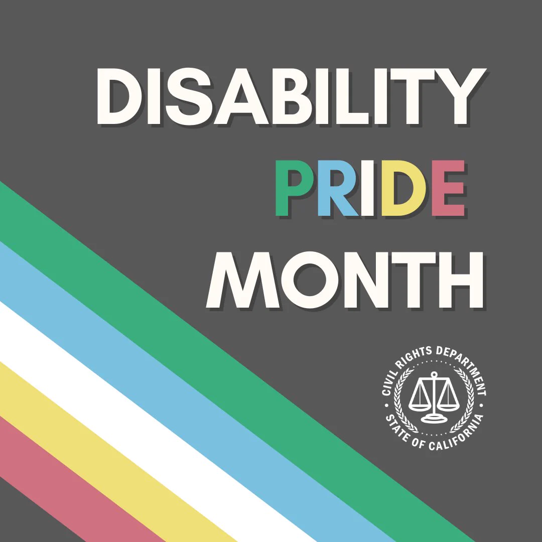 A gray background with green, blue, white, gold and red stripes from the disability pride flag diagonally across the lower left side. The words disability pride month are large across the right side of the graphic. The word pride is in the disability flag colors, making a rainbow! 