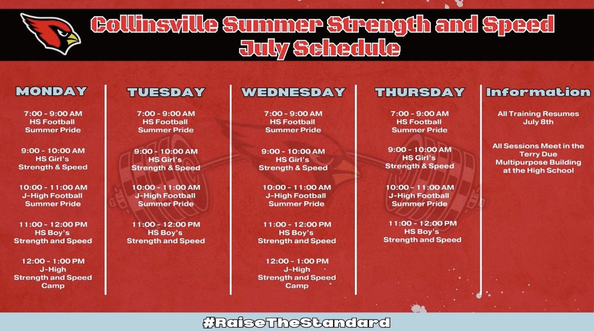 Training continues starting July 8th!

Preparation doesn’t start in August. Don’t miss out on opportunities to get better! It’s not too late!

GO CARDS!!! 💪🏼🔴⚪️ 

<a href="/CVilleCardsFB/">Collinsville Cardinal Football</a> <a href="/CVilleCardsBall/">Collinsville Cardinal Baseball</a> <a href="/Cville_Wrestlin/">Cardinal Wrestling</a> <a href="/CollinsvilleBa4/">Collinsville  Basketball</a> <a href="/CollinsvilleMed/">Collinsville Sports Med</a> <a href="/ca6_softball/">Collinsville Cardinal Softball</a> <a href="/cvilleathletes/">Cardinal Athletics</a>