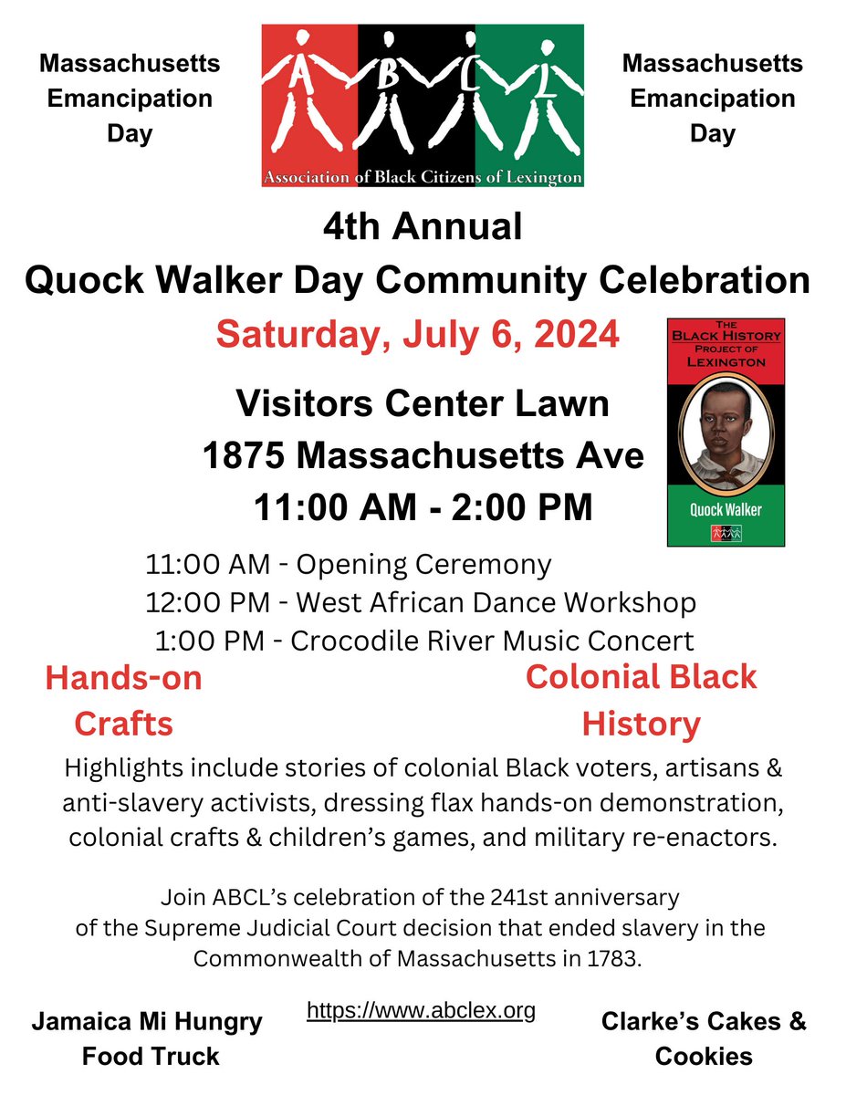 Come enjoy a beautiful summer Saturday in Lexington center.
Rain location – First Parish in Lexington, 7 Harrington Rd, Lexington, MA 02421.
Dance to live music, eat great food, play colonial games, meet military reenactors and learn a little Black history.