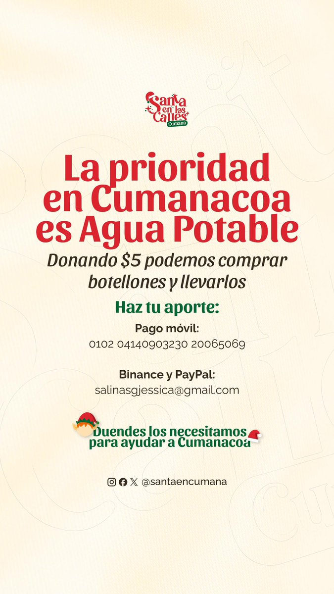 Si no sabes cómo ayudar a la gente de Cumanacoa, desde <a href="/santaencumana/">Santa en las Calles Cumaná</a> estamos haciendo una colecta para llevar agua potable en botellones el día de mañana. En la imagen están los datos para transferir.