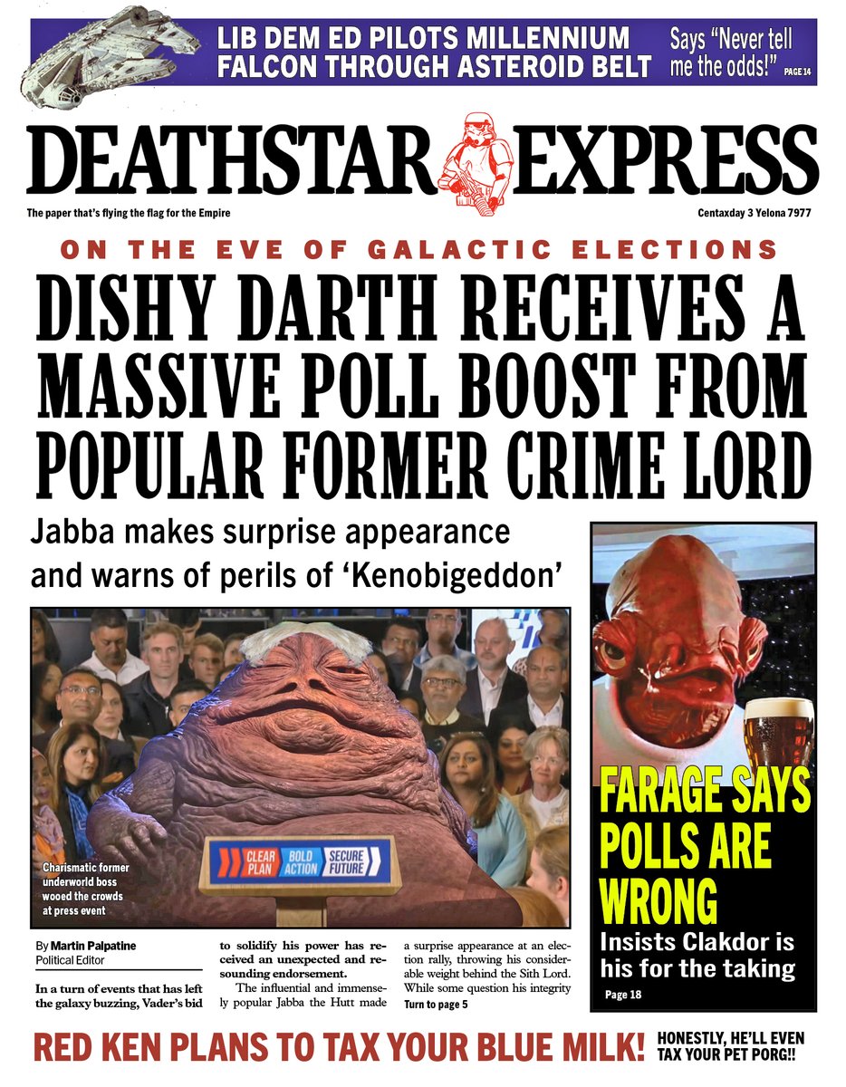 DEATHSTAR EXPRESS: Dishy Darth receives a massive poll boost from popular former crime lord #tomorrowspaperstoday