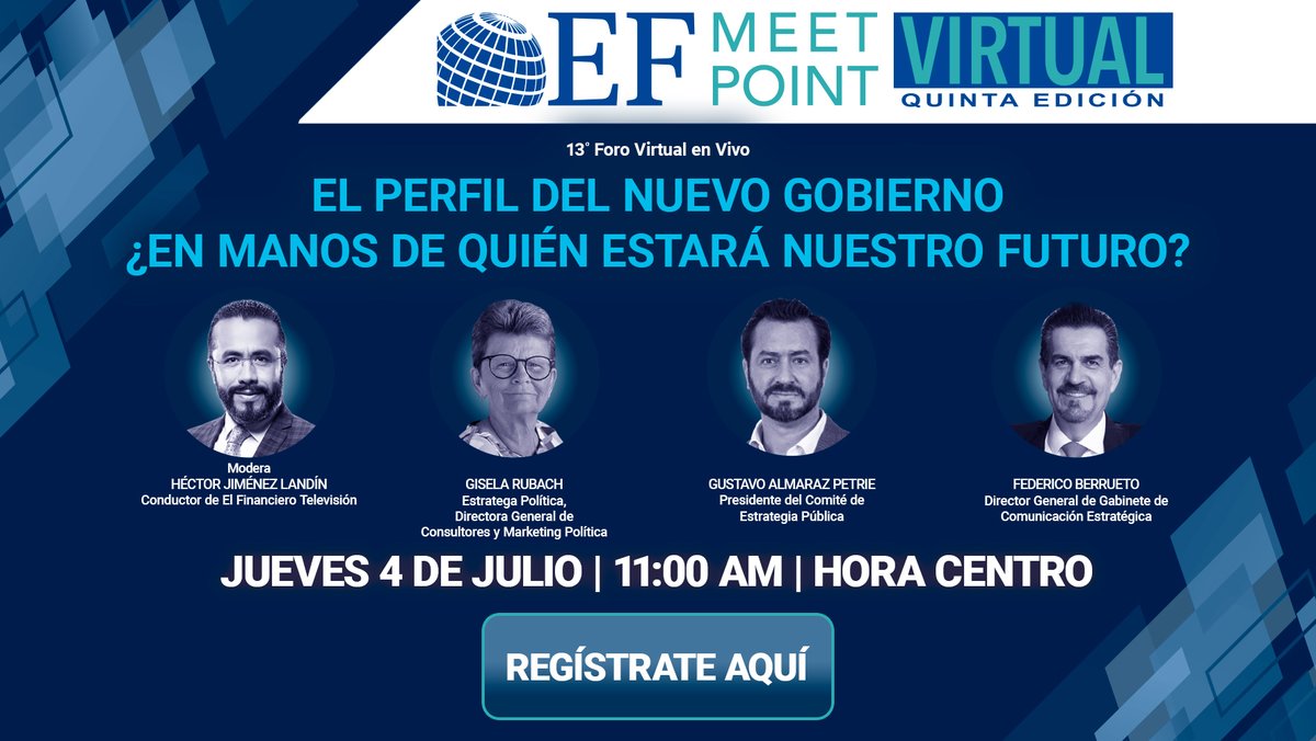 #EFMeetPointVirtual | El perfil del nuevo gobierno, ¿en manos de quién estará nuestro futuro?, el tema que analizaremos este jueves, con una mesa de expertos: <a href="/GiselaRubach/">Gisela Rubach</a>, <a href="/gustavoalmarazp/">gustavo almaraz p</a> y Federico <a href="/Berrueto/">Federico Berrueto</a>. Modera <a href="/JimenezLandin/">Héctor Jiménez Landín</a> 

¡Regístrate! bit.ly/3JPuH78
