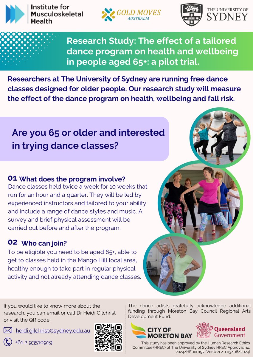 Juliana S Oliveira (@julianasolive11) on Twitter photo We are recruiting participants aged 65 years old to attend free dance classes in Mango Hill area. Here is more information about the study 👇 <a href="/msk_health/">Institute for Musculoskeletal Health</a> <a href="/heidigilchrist/">Heidi Gilchrist</a> <a href="/AnneTiedemann1/">Prof Anne Tiedemann</a> <a href="/CathieSherr/">Prof Cathie Sherrington</a> We are recruiting participants aged 65 years old to attend free dance classes in Mango Hill area. Here is more information about the study 👇 <a href="/msk_health/">Institute for Musculoskeletal Health</a> <a href="/heidigilchrist/">Heidi Gilchrist</a> <a href="/AnneTiedemann1/">Prof Anne Tiedemann</a> <a href="/CathieSherr/">Prof Cathie Sherrington</a>