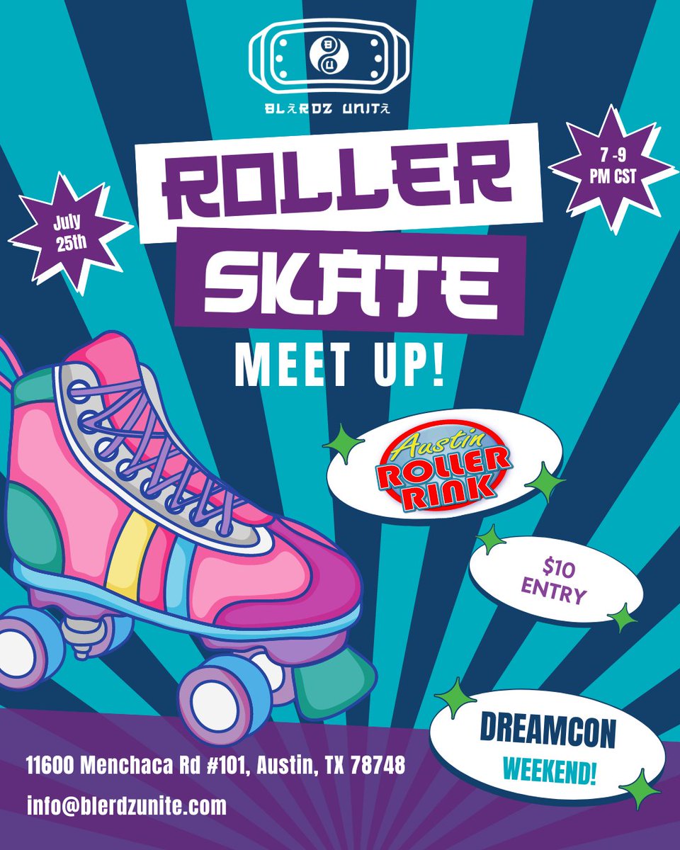 BlerdzUnite's tweet photo. Blerdz Unite is hosting a Roller Skate Meet Up on July 25th from 7-9 PM CST at the Austin Skating Rink. 

Please reserve your tickets ahead of time to secure your spot. You can join even if you're not skating.

Tag a fried to pull up!

#BlerdzUnite #Dreamcon #AustinSkatingRink https://t.co/0hUs8XtZ6X