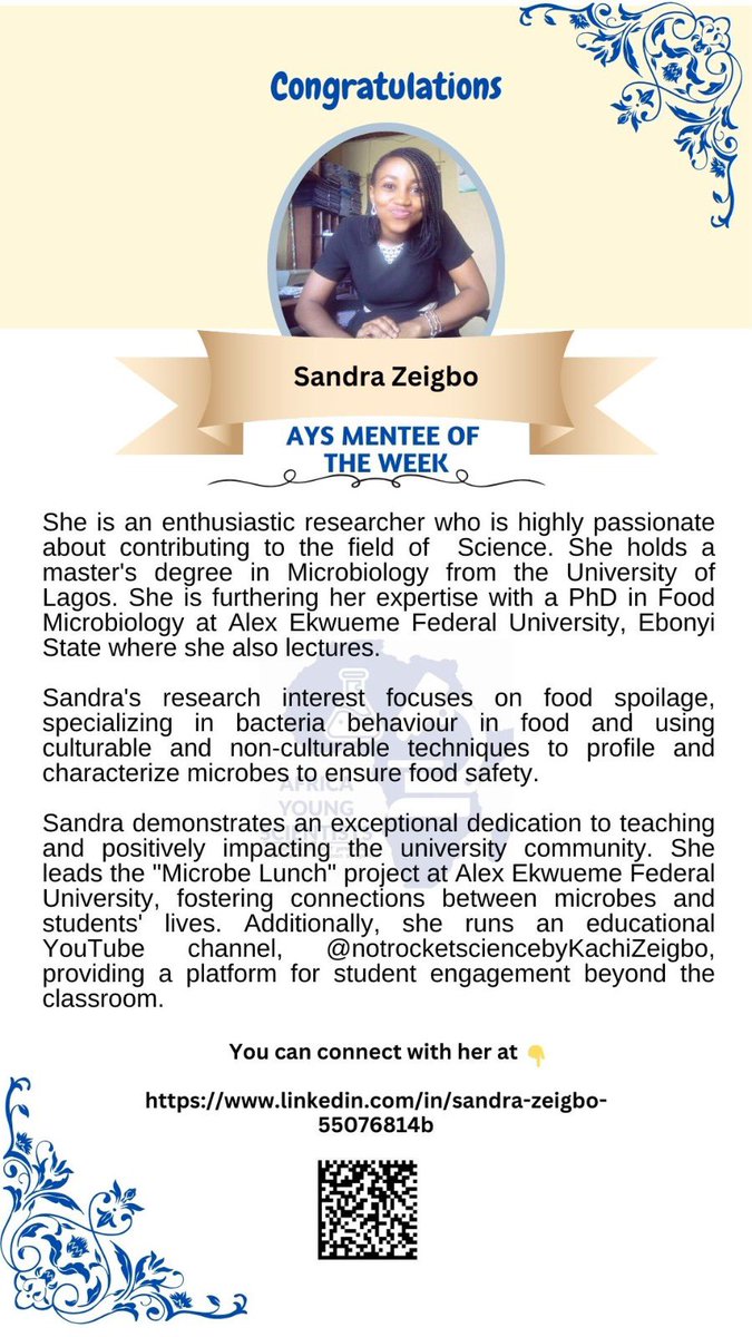 Africayoungsci1's tweet photo. Congratulations Sandra Zeigbo, #AYSMP mentee of the week. https://t.co/Fq41tYzODY