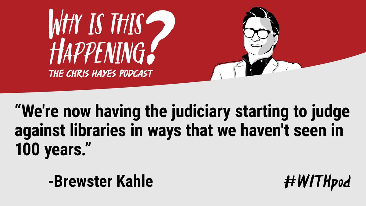 internetarchive's tweet photo. The publishers’ lawsuit against our library is featured in the latest episode of “Why Is This Happening?” 

Listen in as @brewster_kahle talks with @chrislhayes & @KyleKCourtney about the lawsuit & what it means for libraries & their patrons in the digital age. 

🔗 https://t.co/q7IT9FfHVg

#LetReadersRead #WITHpod