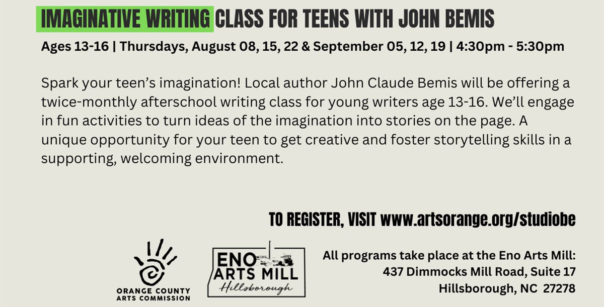 "Studio Be" is a free program at the Eno Arts Mill which aims to serve small groups of historically underrepresented youth by building community through creativity. Fill out an interest form for this free program: artsorange.org/studiobe/