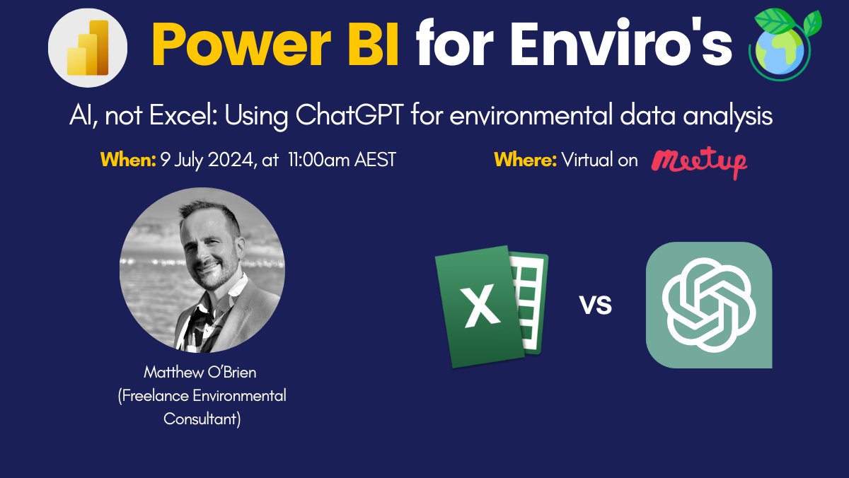 Come and join the #PowerBI4Enviro's next Tuesday to learn from Matthew O'Brien about how you can utilise #ChatGPT for your #environmental #dataanalysis: meetup.com/powerbi4enviro…

#DataDiscoverEI #NotPowerBIThisTime #PowerBI