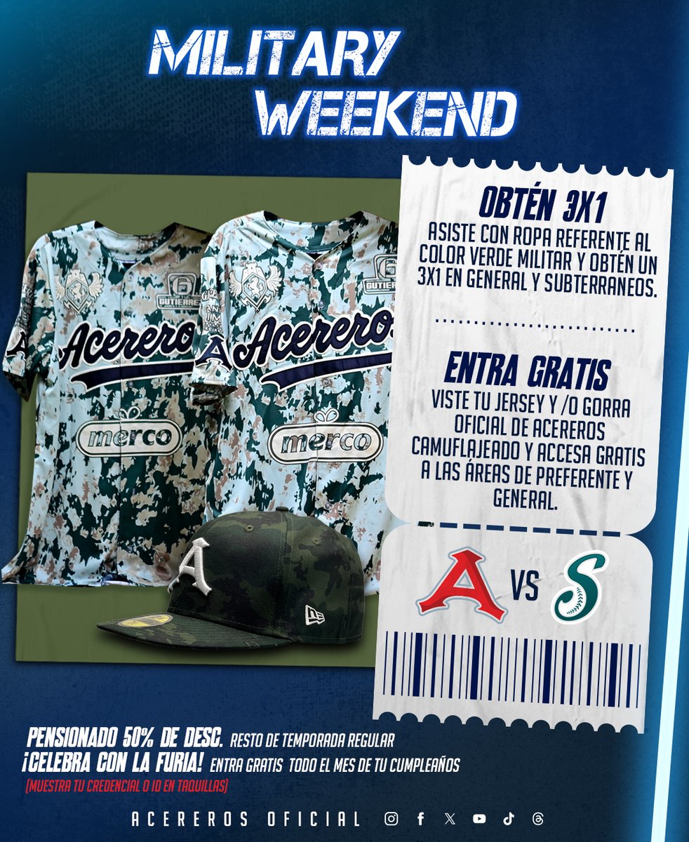 AcererosOficial's tweet photo. ¡ATENCIÓN AFICIÓN! 🔊

Este fin, tendremos 𝐌𝐈𝐋𝐈𝐓𝐀𝐑𝐘 𝐖𝐄𝐄𝐊𝐄𝐍𝐃 en el Kickapoo Lucky Eagle. 🪖🫡

Vente y apoya con todo a nuestra #FURIAZUL, que ya quedan POCOS juegos en nuestra casa. 👀

#EsteAceroJuegaBonito. 💙⚾️ https://t.co/CWPvjdpQlH