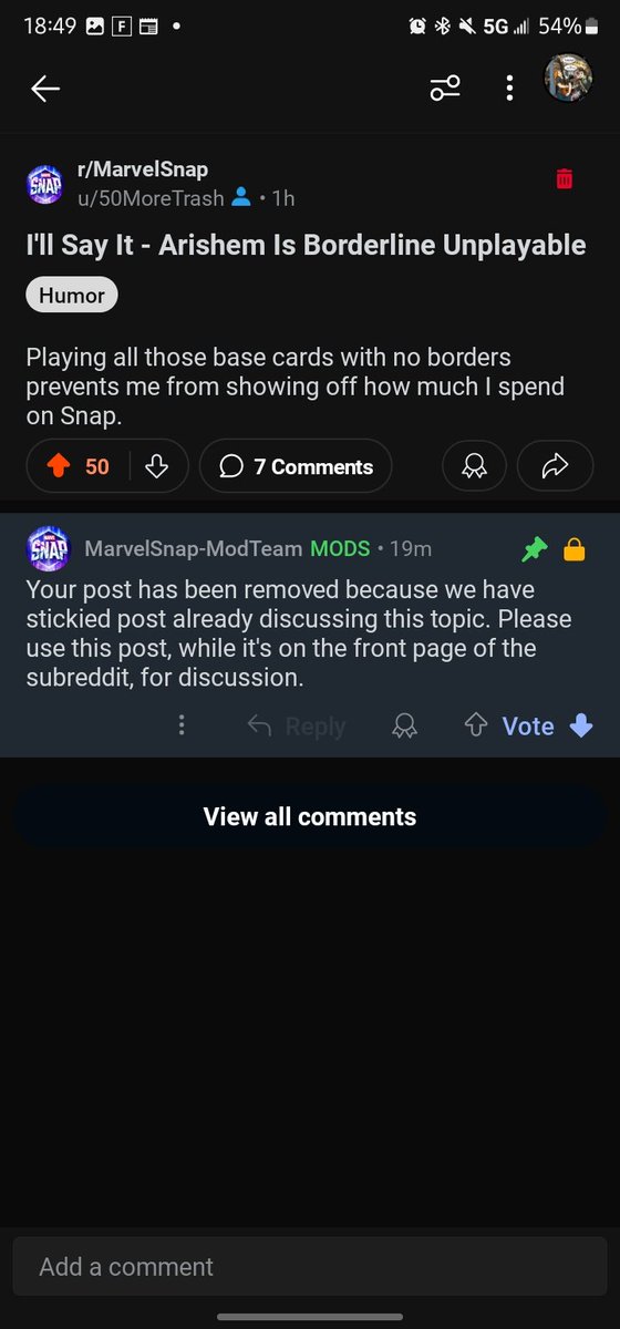 9to5cc's tweet photo. I'll Say It - Arishem Is Borderline Unplayable

Playing all those base cards with no borders prevents me from showing off how much I spend on Snap.

Joke was banned from #MARVELSNAP reddit so trying again here.

@MARVELSNAP @MarvelSnapZone #snap https://t.co/1Emq0RLFkz