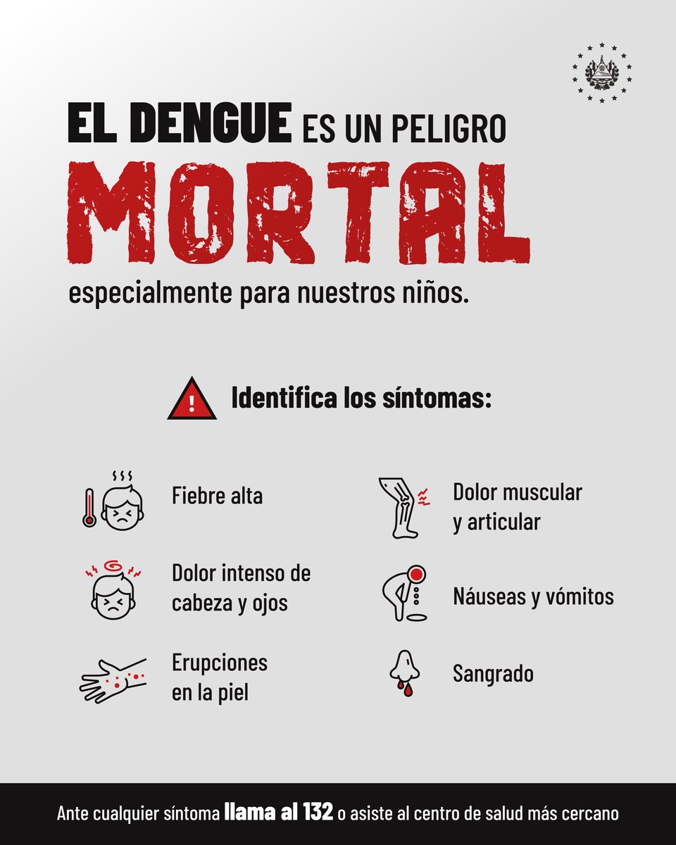 Si presentas cualquiera de estos síntomas, es importante que prestes atención; podría ser dengue. 👇🚨

Llama al 132 o asiste al centro de salud más cercano.