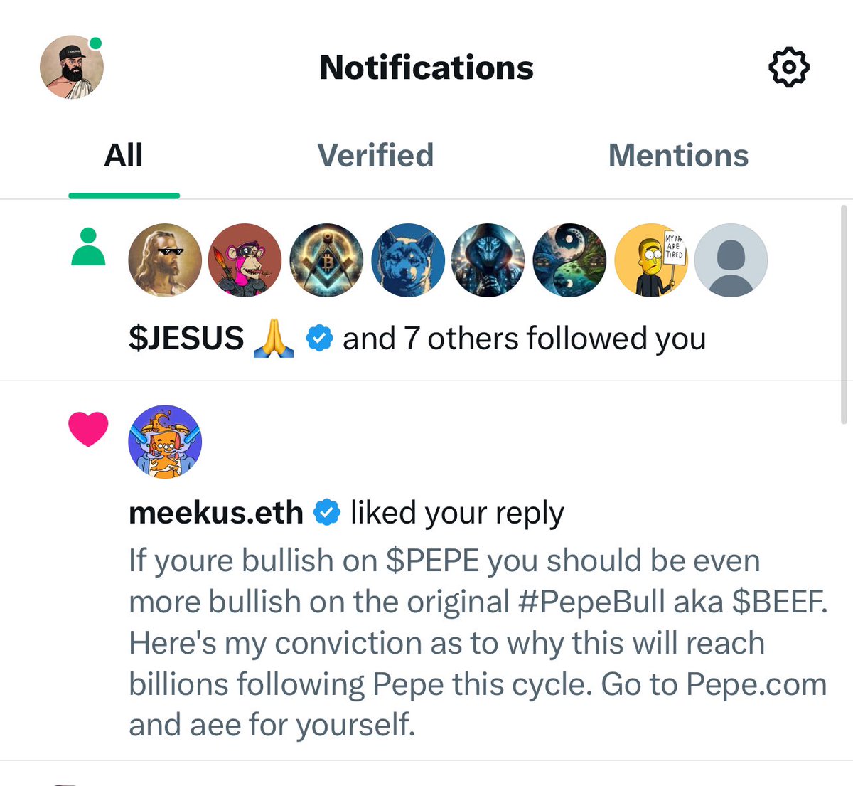 Gods on my side today.. shout out to the homie #JESUS at <a href="/jesustokens/">Jesus Coin</a>... 

Must of seen my conviction on $BEEF and gave me his honorable blessings.🙏🏽

The #PepeBull is going to billions this cycle and will follow $PEPE in the bull. 

<a href="/Pepe0xbeef/">PepeBull - 0xbeef69</a>