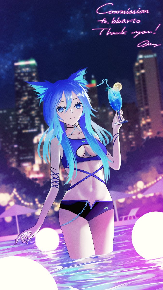 The blue gradation in her hair is so pretty! 
You seem to like blue and pink, so I drew a night pool scene. 
Thank you for request! <a href="/bbarto221/">bbartowo</a>  #skeb