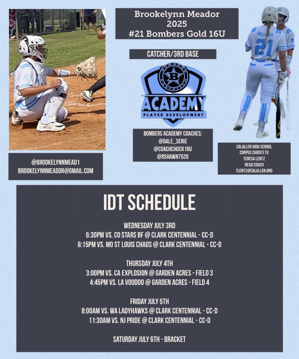 Brookelynn Meador (@brookelynnmead1) on Twitter photo 2024 Sparkler & IDT Tourneys start tomorrow; playing Sparkler with Bombers Gold American 18U to start the day then over to the IDT with my team tomorrow evening! If your in the area stop by and catch a few games! <a href="/coachchuck16u/">Chuck Peters</a> <a href="/dale_serie/">Dale Serie</a> <a href="/rshawn7520/">Rodney Williams</a> <a href="/ARod_1184/">AD Rodriguez</a> <a href="/bombers_academy/">Bombers Academy</a> 2024 Sparkler & IDT Tourneys start tomorrow; playing Sparkler with Bombers Gold American 18U to start the day then over to the IDT with my team tomorrow evening! If your in the area stop by and catch a few games! <a href="/coachchuck16u/">Chuck Peters</a> <a href="/dale_serie/">Dale Serie</a> <a href="/rshawn7520/">Rodney Williams</a> <a href="/ARod_1184/">AD Rodriguez</a> <a href="/bombers_academy/">Bombers Academy</a>