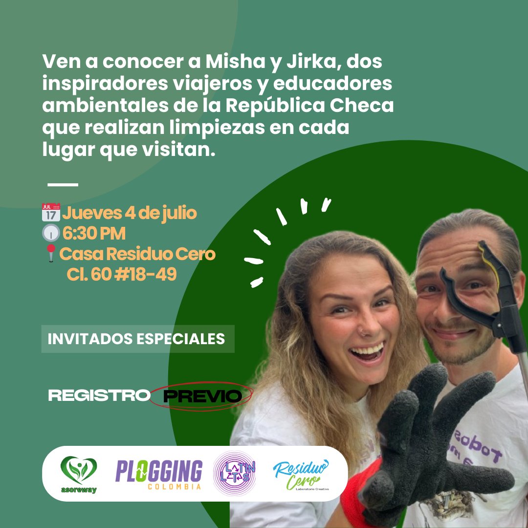 asoreway's tweet photo. Te invitamos a conocer a Misha y Jirka, dos inspiradores viajeros y educadores ambientales de la República Checa, quienes realizan limpiezas en cada lugar que visitan. 
📅 Fecha: Jueves 4 de julio
🕕 Hora: 6:30 PM
📍 Lugar: Casa Residuo Cero, Cl. 60 #18-49 https://t.co/ruQrZSdHAP