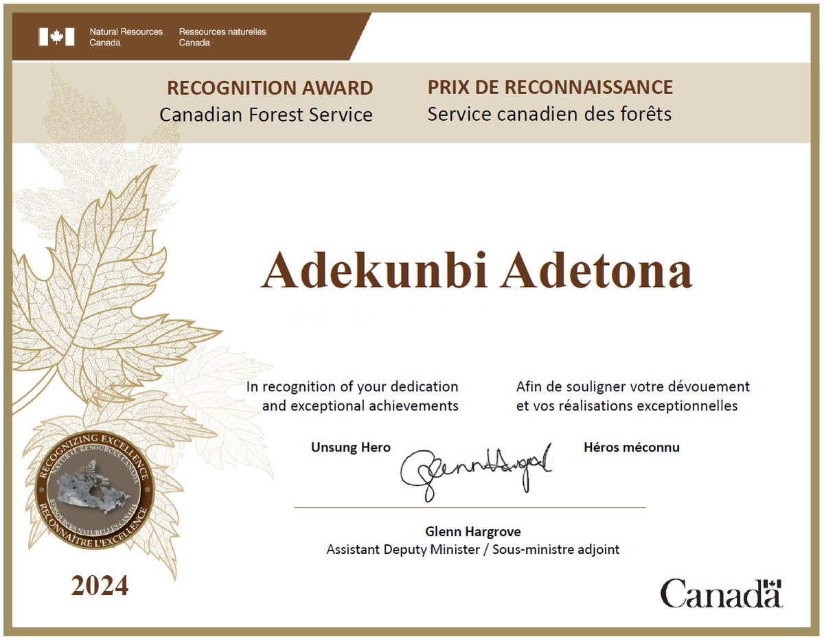 Adekunbi (Kunbi) Adetona, Ph.D. (@kunbiadetona) on Twitter photo Excited to share that I received the <a href="/NRCan/">Natural Resources</a> Canadian Forest Service (CFS) Unsung Hero Recognition Award for my behind-the-scenes contributions. Thanks to NRCan CFS, Cora Schouten, my colleagues, and our leaders! #CFS #NRCan #UnsungHeroes #Gratitude Excited to share that I received the <a href="/NRCan/">Natural Resources</a> Canadian Forest Service (CFS) Unsung Hero Recognition Award for my behind-the-scenes contributions. Thanks to NRCan CFS, Cora Schouten, my colleagues, and our leaders! #CFS #NRCan #UnsungHeroes #Gratitude
