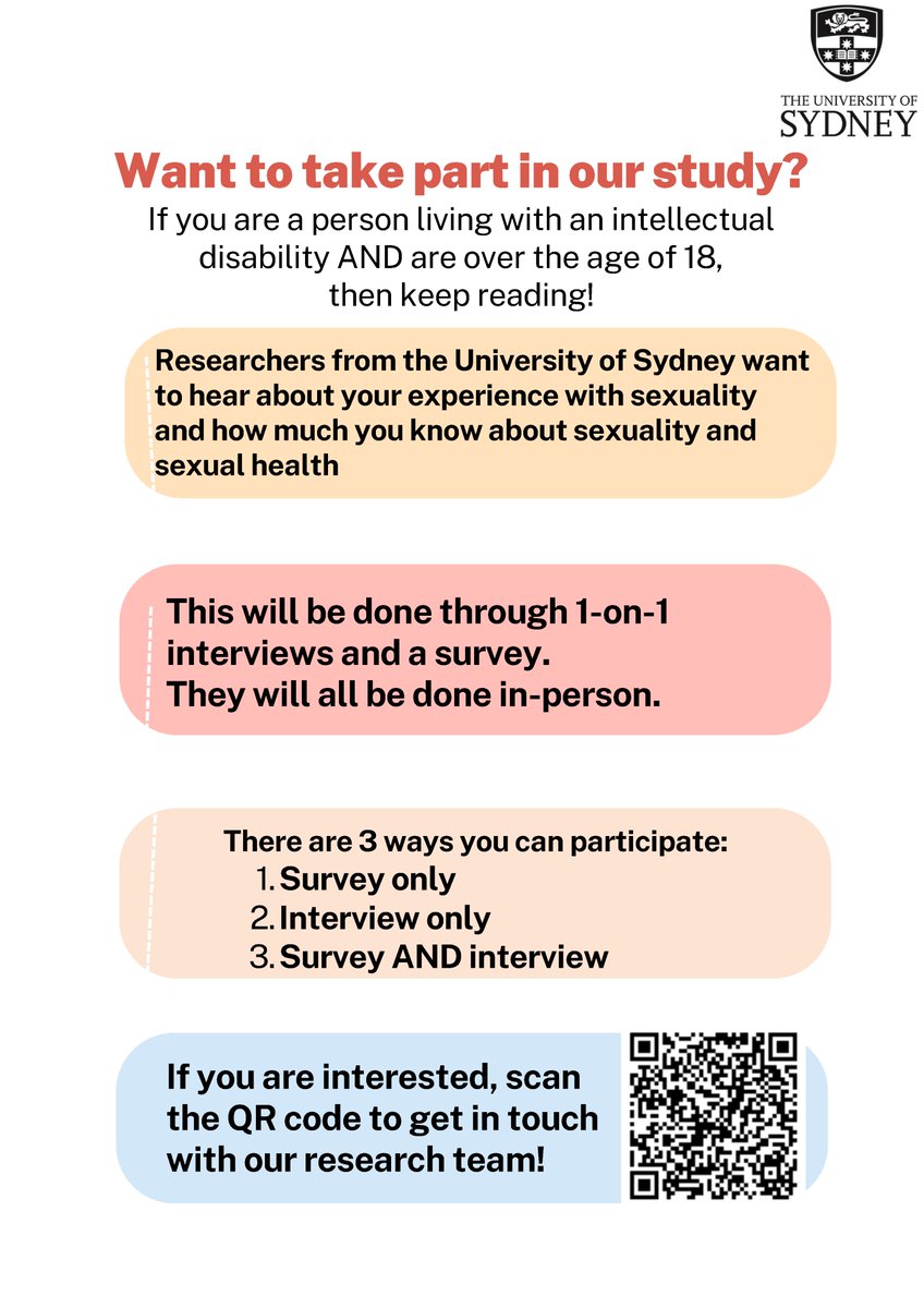 Interested in Sexuality for People with Intellectual Disability?  

Researchers want to hear your experiences &amp; knowledge about sexuality &amp; sexual health. Participate in a survey, 1-on-1 interview, or both. Scan QR to get started.  Info: acrobat.adobe.com/link/track?uri…