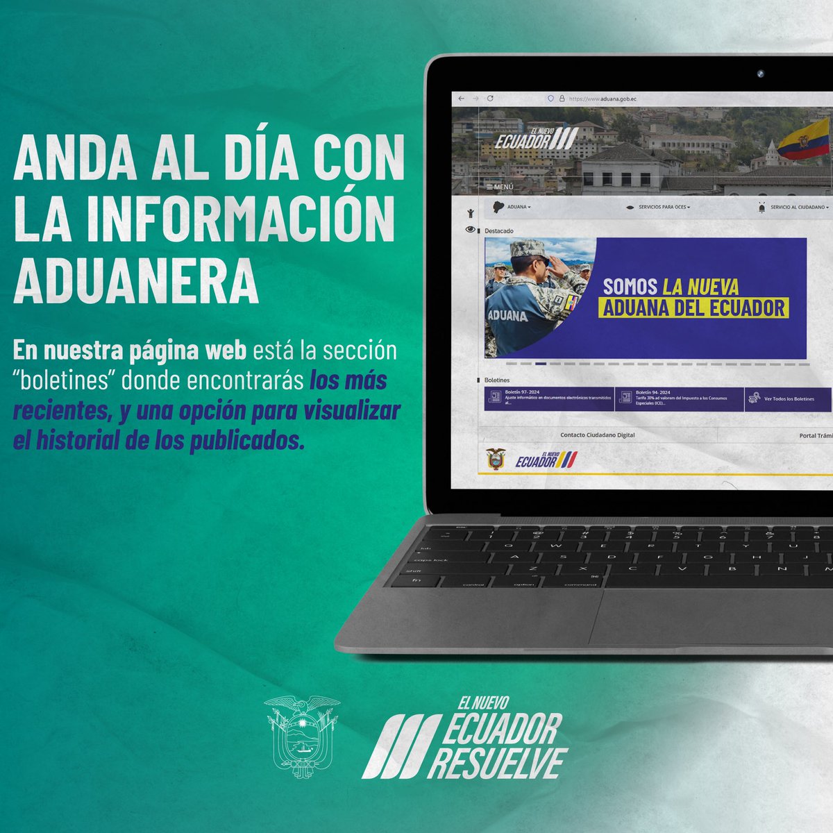 ¡Información al día! 💻📄

Revisa en el menú principal de nuestra página web todos los boletines que publicamos. 

✅ Puedes visualizar los más recientes y en la opción “Ver todos los boletines” encontrarás lo más antiguos.

#ConéctateConLaAduana
#ElNuevoEcuadorResuelve