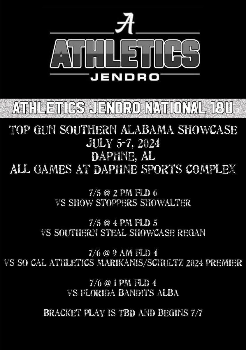 Alabama this week super excited!!! <a href="/AthleticsJendro/">Athletics Jendro National 18u.</a> <a href="/BrianJendro/">Athletics jendro</a> <a href="/jenfelvus/">Coach Jen Felvus</a> <a href="/AubreyVoboril/">Aubrey Honeycutt (Voboril)</a> @TonyAustin_10 <a href="/CoachD_sball/">Denise Godwin</a> <a href="/coach_rhode/">Rachel Rhode</a> <a href="/Jess_Nutt24/">Jessica Nutt</a> @CoachFullerPitt <a href="/JanaeShirley/">Janae Shirley</a>