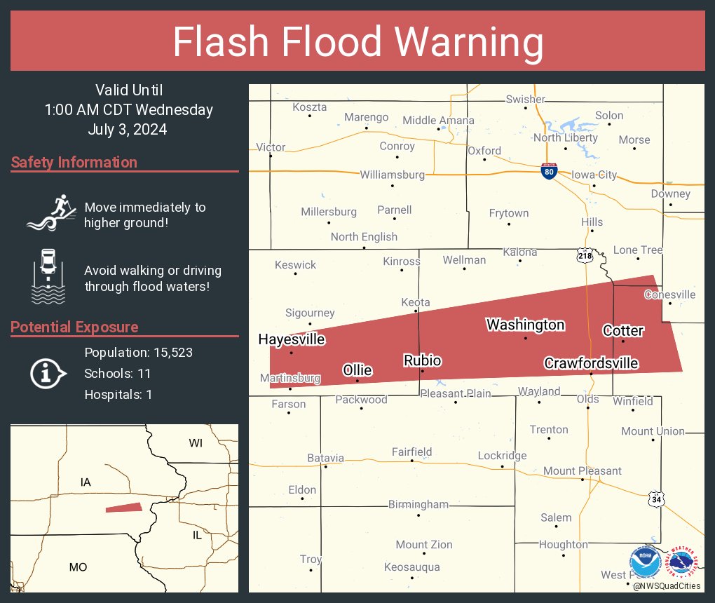 Flash Flood Warning including Washington IA, Columbus Junction IA and  Ainsworth IA until 1:00 AM CDT