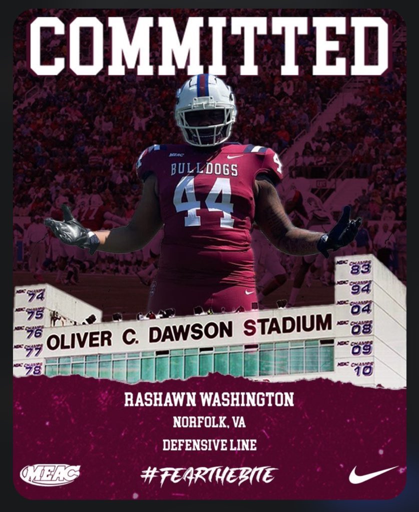 Rashawn Washington (DL) transfer from Hampton University commits to South Carolina State 
* Hometown: Norfolk, VA