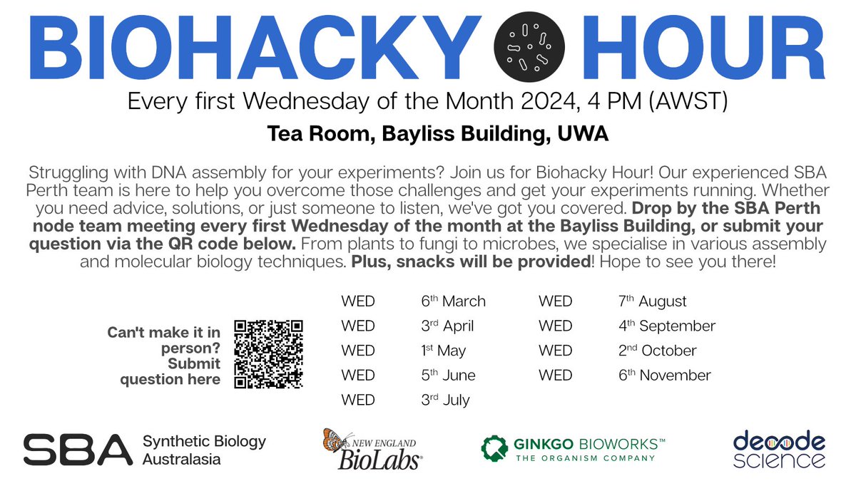 Dr James Lloyd (@jamespblloyd) on Twitter photo First Wednesday of the month means BioHacky Hour in UWA's Bayliss building at 4pm from @SbaPerth and <a href="/SynBioAusAsia/">Synthetic Biology Australasia (SBA)</a>.
Please come for a friendly chat about synbio, your cloning problems and latest tricks to save time in the lab! First Wednesday of the month means BioHacky Hour in UWA's Bayliss building at 4pm from @SbaPerth and <a href="/SynBioAusAsia/">Synthetic Biology Australasia (SBA)</a>.
Please come for a friendly chat about synbio, your cloning problems and latest tricks to save time in the lab!