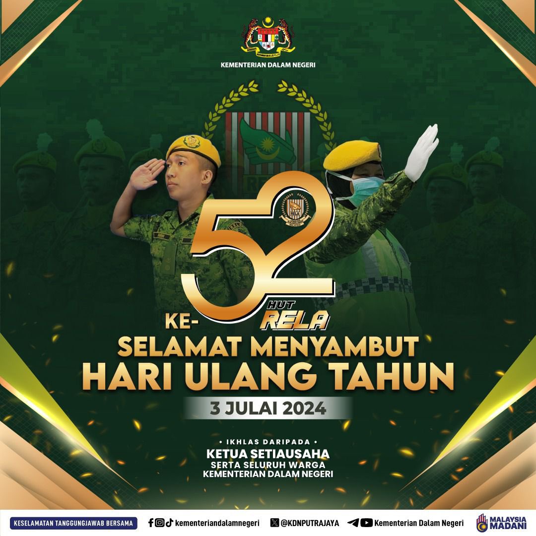 Selamat Menyambut Hari Ulang Tahun RELA Ke-52

Semoga seluruh warga Jabatan Sukarelawan Malaysia (RELA) terus cekal setia berbakti.

#KeselamatanTanggungjawabBersama
#MalaysiaMadani
#KementerianDalamNegeri
#hut52RELA