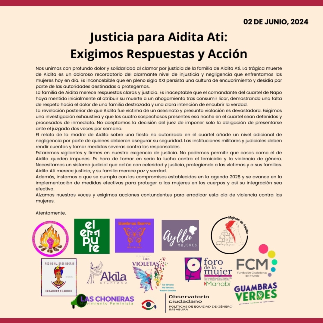 Nos unimos al dolor de la familia de Aidita Ati y exigimos justicia inmediata. No podemos permitir que la violencia contra las mujeres quede impune. ¡Exigimos respuestas y acción ahora! #JusticiaParaAiditaAti #NiUnaMenos