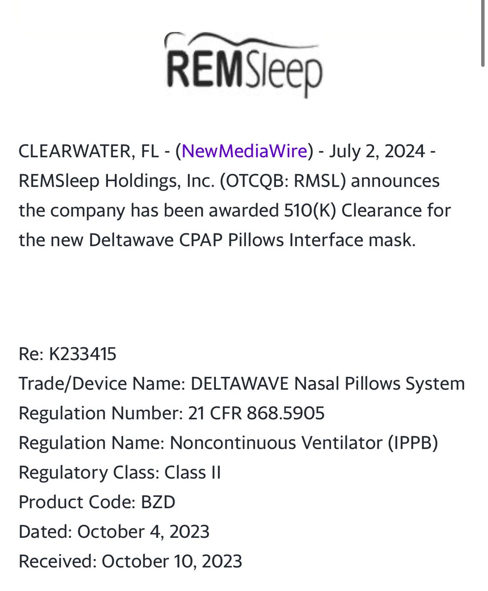 Bagholder88's tweet image. $RMSL One of my #OTCQB gems received fantastic news today! 
Their #DeltaWaveNasalPillow interface is now cleared by the @FDADeviceInfo &amp;amp; ready to enter a multi-billion dollar Medical device market soon ✔️
#cpap #sleepapnea #RMSL #MedicalDevices #Cpapmask