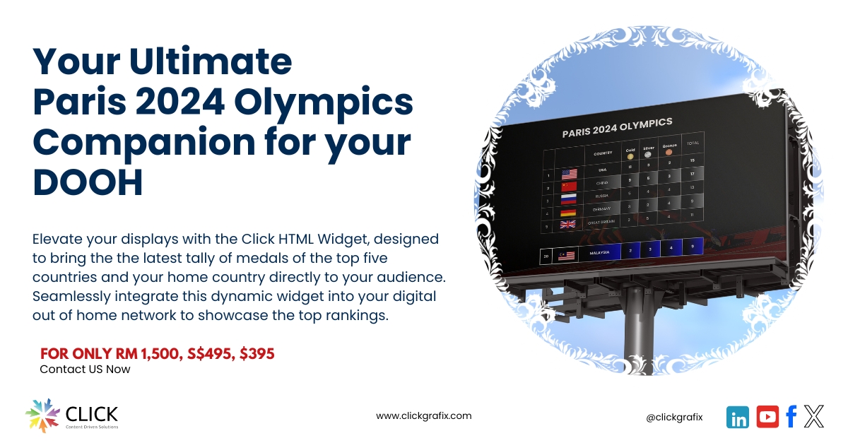 Elevate your game with the Click HTML Widget! Keep your audience up-to-date with the latest medal count of the top five countries and your home country. Click on shorturl.at/IegE2 for more information.
#dooh #olympics