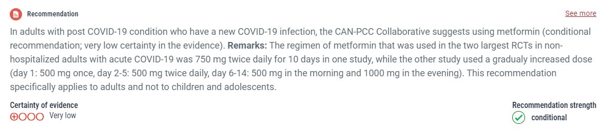 New CAN-PCC <a href="/CochraneCanada/">Cochrane Canada</a> recommendations out today, including of note #Metformin for the treatment of COVID-19 infection in people with Post COVID Condition Long Covid. If you're in primary care have a read, it's potentially practice changing.
can-pcc.recmap.org/recommendation…
