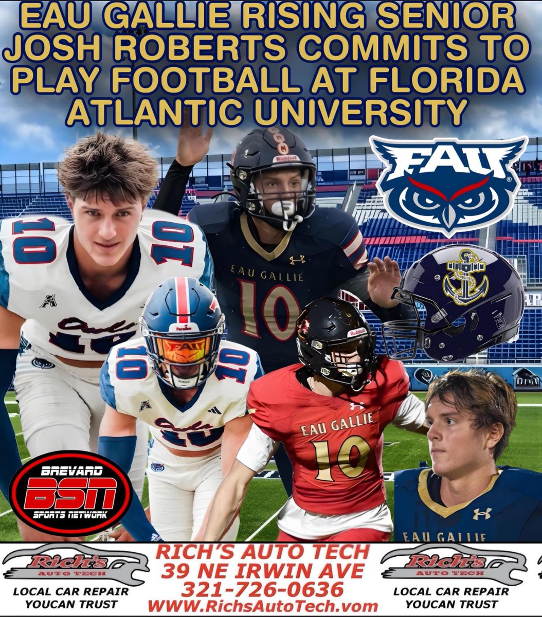 SportsBrevard's tweet image. BSN #RECRUITINGUPDATE: @eghscommodores RISING SENIOR @joshr1027 COMMITS TO PLAY FOOTBALL AT @FAUFootball. 

Eau Gallie Commodores rising senior Josh Roberts has committed to play college football at Florida Atlantic University. 

Read article here: facebook.com/share/p/68Dkyh…