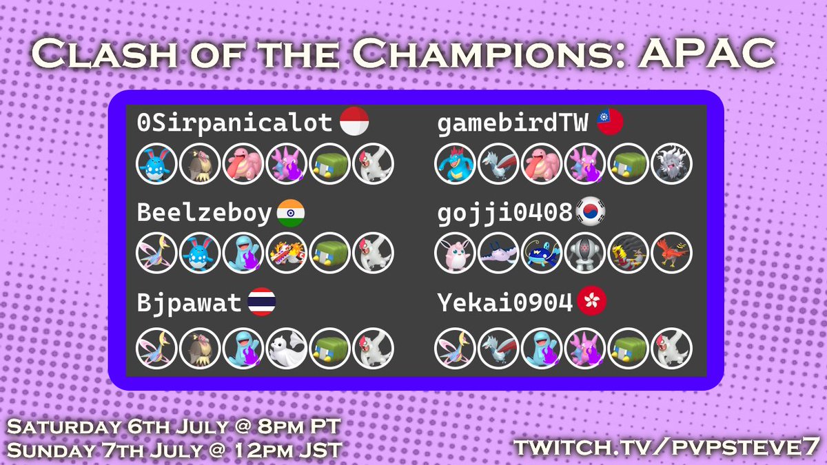 PvP Steve (@pvpsteve1) on Twitter photo Clash of the Champions: APAC Edition!!! 🌏
Following the <a href="/dracoviz/">dracoviz • Pokémon GO • Play! and GBL</a> Journey to Worlds tournament, *THIS WEEKEND* we'll see six of the <a href="/playpokemon/">Play! Pokémon 📍 #PokemonWorlds</a> APAC Champions battle it out in the Worlds Meta!! 🇮🇩🇮🇳🇹🇭🇹🇼🇰🇷🇭🇰
Check out the teams they'll be using this weekend below!!! 👀 Clash of the Champions: APAC Edition!!! 🌏
Following the <a href="/dracoviz/">dracoviz • Pokémon GO • Play! and GBL</a> Journey to Worlds tournament, *THIS WEEKEND* we'll see six of the <a href="/playpokemon/">Play! Pokémon 📍 #PokemonWorlds</a> APAC Champions battle it out in the Worlds Meta!! 🇮🇩🇮🇳🇹🇭🇹🇼🇰🇷🇭🇰
Check out the teams they'll be using this weekend below!!! 👀