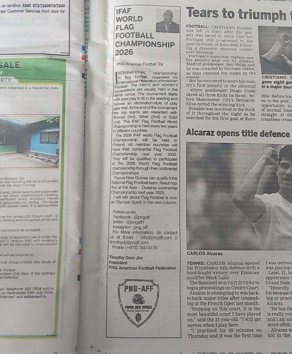 pngaff1's tweet photo. PNGAFF column #76 on Today's paper. The president talked about the
 IFAF Flag Football World Championship 2026.

#Column #PNGAFF #PostCourier https://t.co/3SuvnqncTd