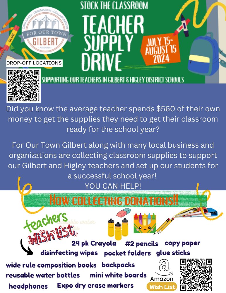 WorldClassED_me's tweet photo. As the new school year approaches, we invite you to participate in For Our Town Gilbert - Stock the Classroom Teacher Supply Drive!
July 15-August 15 you can help local students in need by donating school supplies.

⭐️ 🌟 🍎 📚 ✏️ https://t.co/YNO3qlNtnL